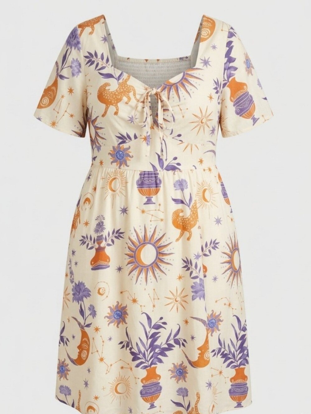 BloomChic Cream Midi Dress with Orange & Blue Celestial Print
